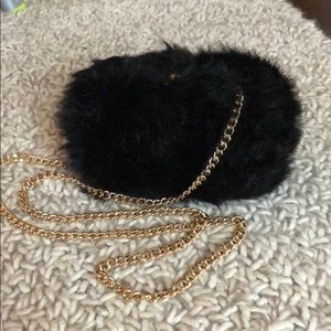 Zara faux fur mini black clutch with gold chain